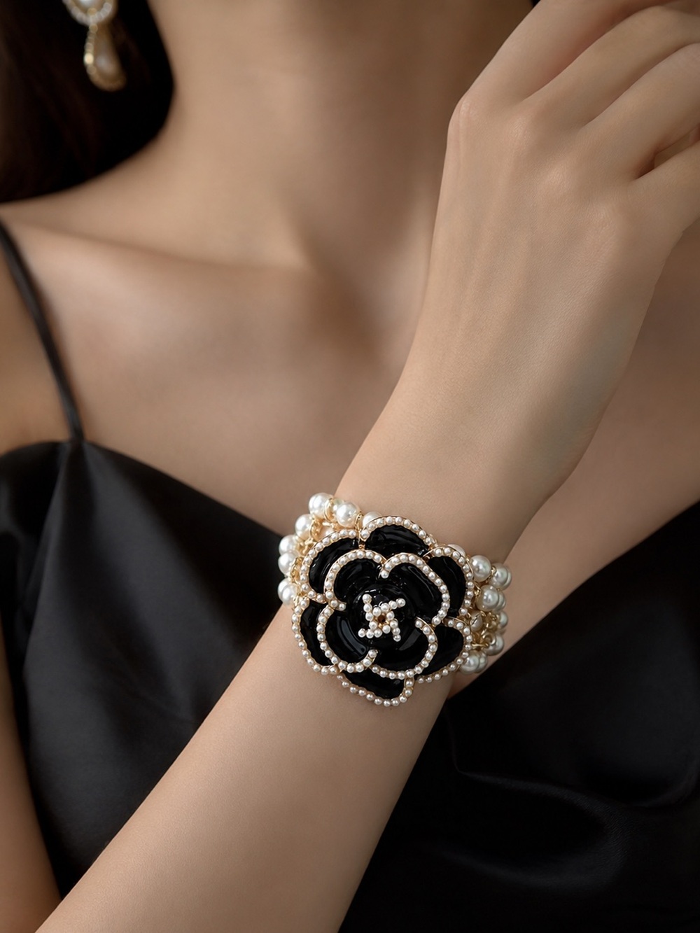Pearl & Black Camellia Statement Bracelet